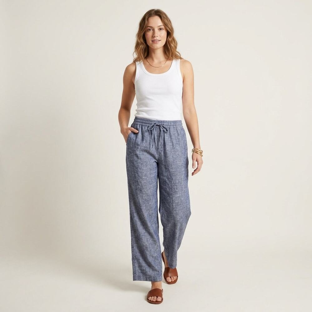 Old Navy Linen Blend Pants Medium Blue Minimalist Coastal Nautical Elastic Waist